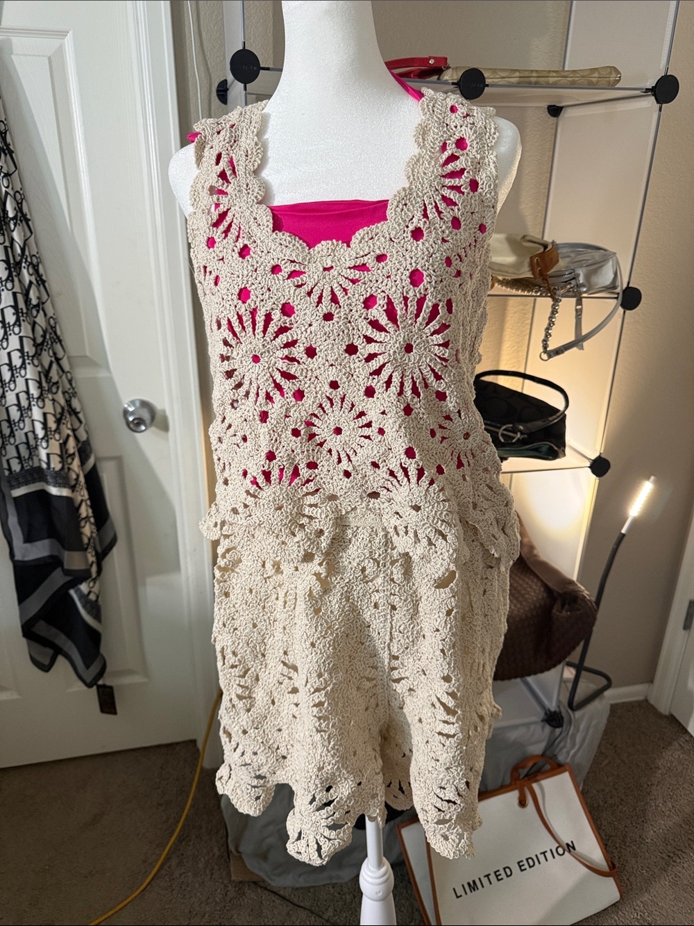 Annie Cream Crochet Overlay. Beautiful (pink tank does not come with it)